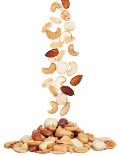 Assorted nuts cascading down into a pile on white background.